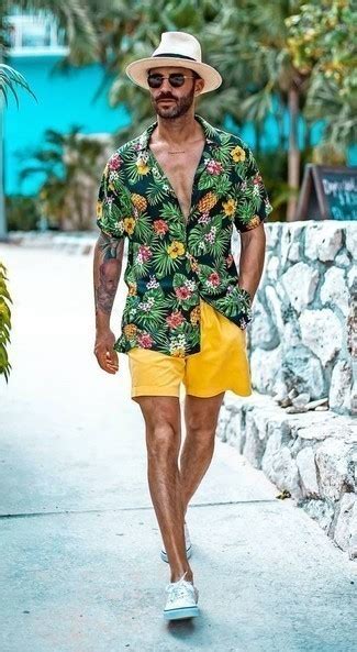 light blue shorts outfit mens - yellow shirt blue shorts.